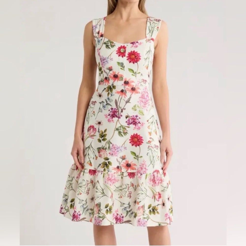 Eliza J Cream Floral Square-Neck Midi Dress with Pink and Green Blooms